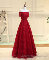 Burgundy a Line Lace Long Evening Prom Dresses, Burgundy Evening Prom Dresses